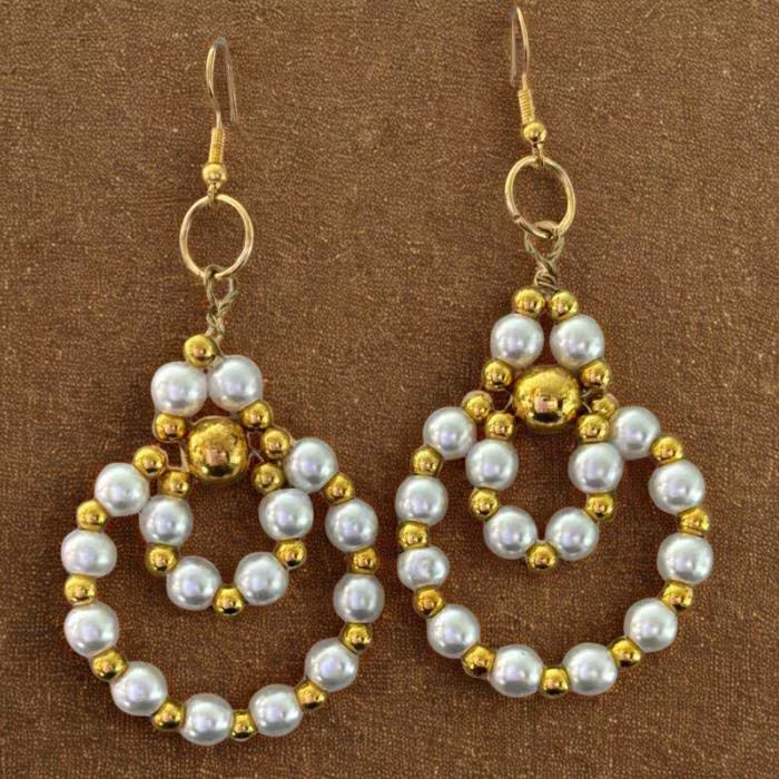 Gold and Pearls Double Hoops earrings by Peace N Beads Design with gold beads and white pearls