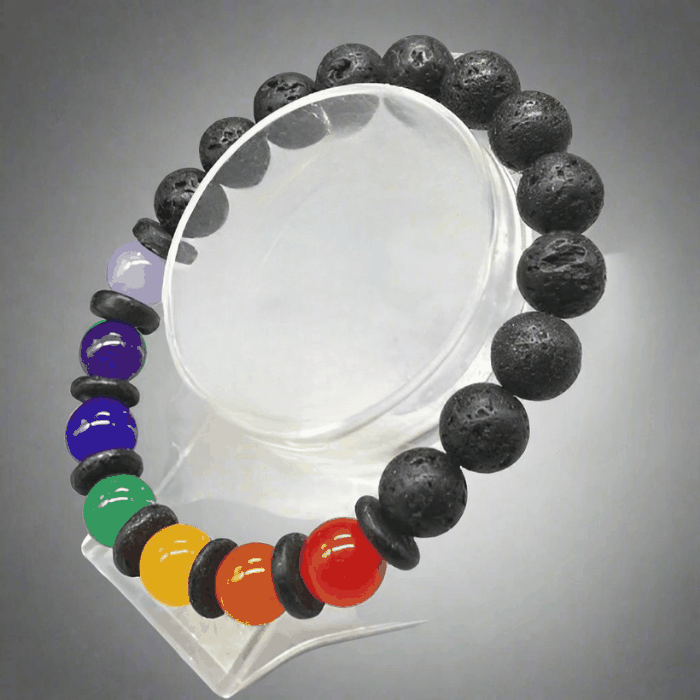 Vibrant Rainbow Gemstone Beaded Bracelet with multicolored jade and lava rock beads.