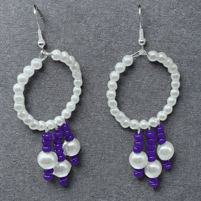 White and Royal Blue Small Beaded Hoop Earrings by Peace N Beads with pearl and blue bead details