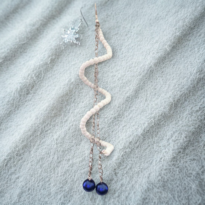 Peace N Beads Design Twisted Blue or White Drop Earrings with spiral white beads and blue bead drops