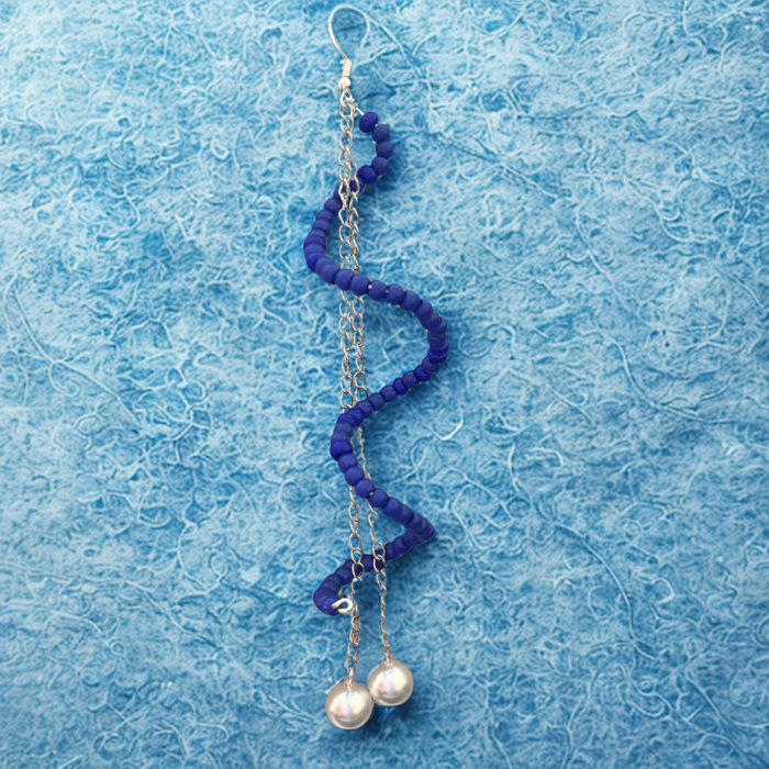 Twisted Blue or White Drop Earrings by Peace N Beads Design featuring blue beads on a twisted wire with white pearl drops