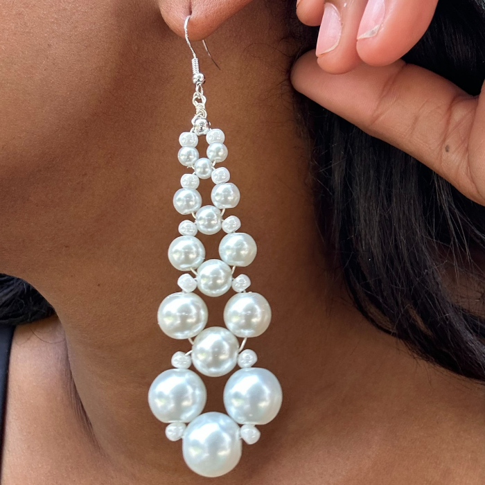 4 Inch Drop White Glass Pearl and Crystal Earrings201