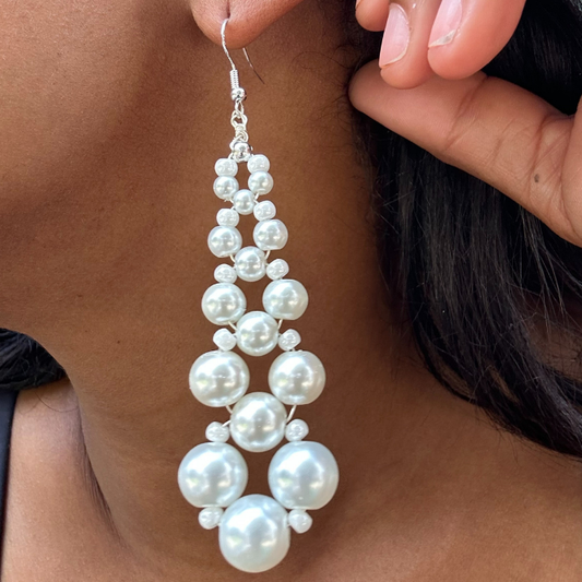 4 Inch Drop White Glass Pearl and Crystal Earrings201