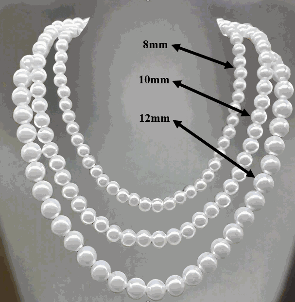 Classic single strand white pearl necklace with bead size options shown (8mm, 10mm, 12mm).