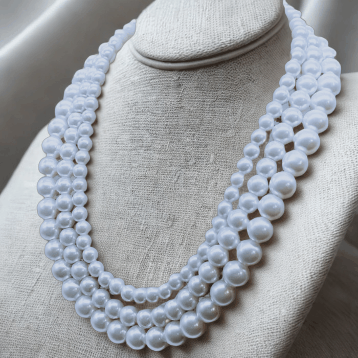 Classic 3 Strand White Pearl Necklace with sterling silver clasp displayed elegantly.