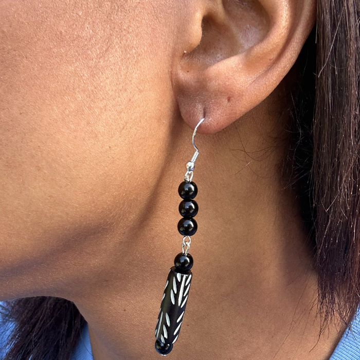 Natural Black Onyx and Wood Drop Earrings2