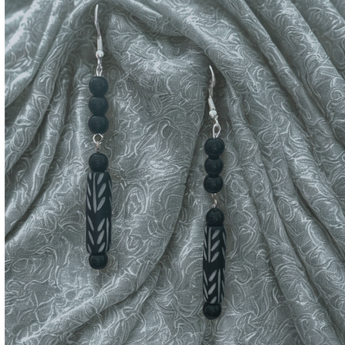 Natural Black Onyx and Wood Drop Earrings