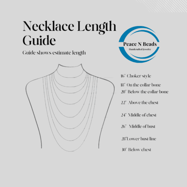 White Glass Pearl Multi Layer Strand NecklaceNecklace length guide diagram with Peace N Beads logo, showcasing various strand lengths from choker style to below chest.