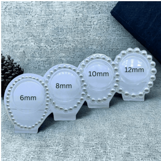 White Glass Pearl Stretch Bracelet with size options 6mm, 8mm, 10mm, 12mm pearls on a textured backdrop.