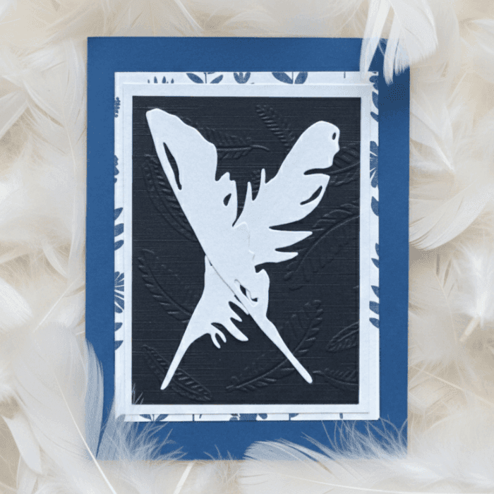 A Flutter of Fun note cards featuring a white feather design on a blue background