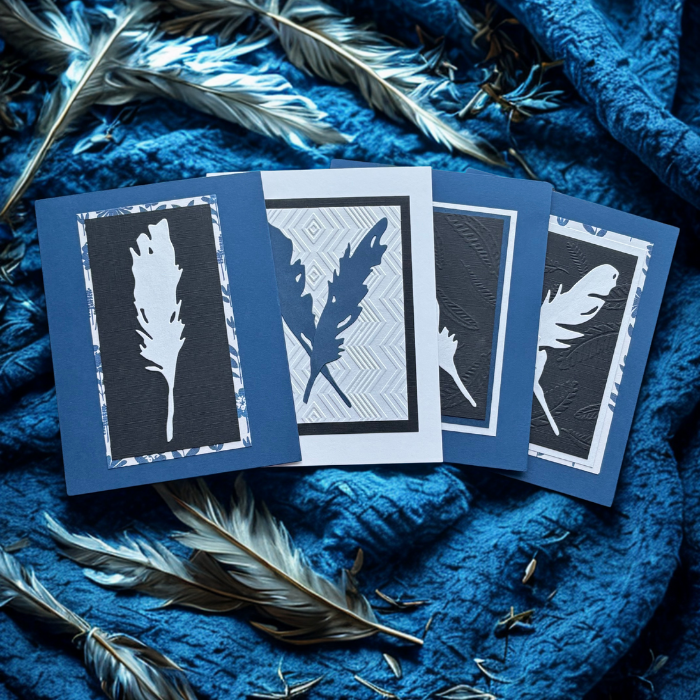 A Flutter of Fun Whimsical Bird of a Feather Note Cards by Peace N Beads Design featuring feather artwork on blue and white cards
