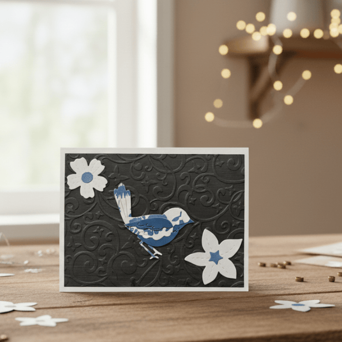 Blossoms of Affection Note Cards featuring a decorative bird and floral design on elegant textured paper