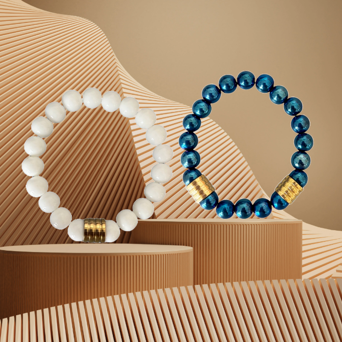 Blue Hematite and White Jade Double Bracelets for men by Peace N Beads Design on textured beige background