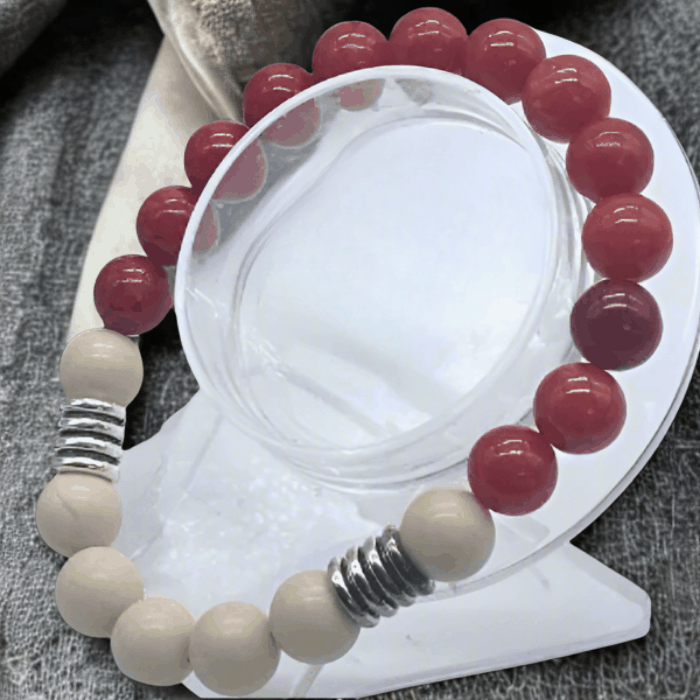 Bold Red Coral and Cream Bracelet by Peace N Beads featuring round beads and silver accents