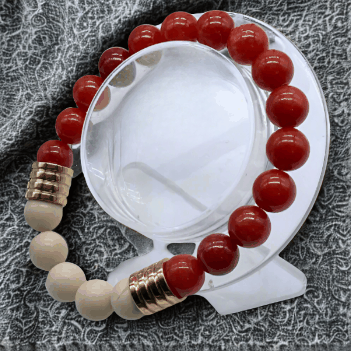Bold Red Coral and Cream Bracelet by Peace N Beads featuring round beads with metallic accents