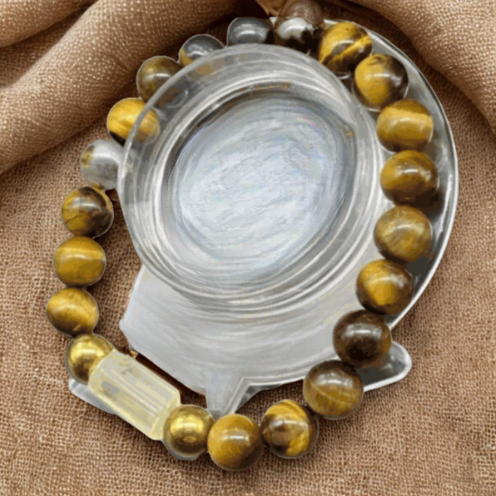 Boss Bracelet Genuine Tiger Eye and Citrine by Peace N Beads with polished round beads on burlap background