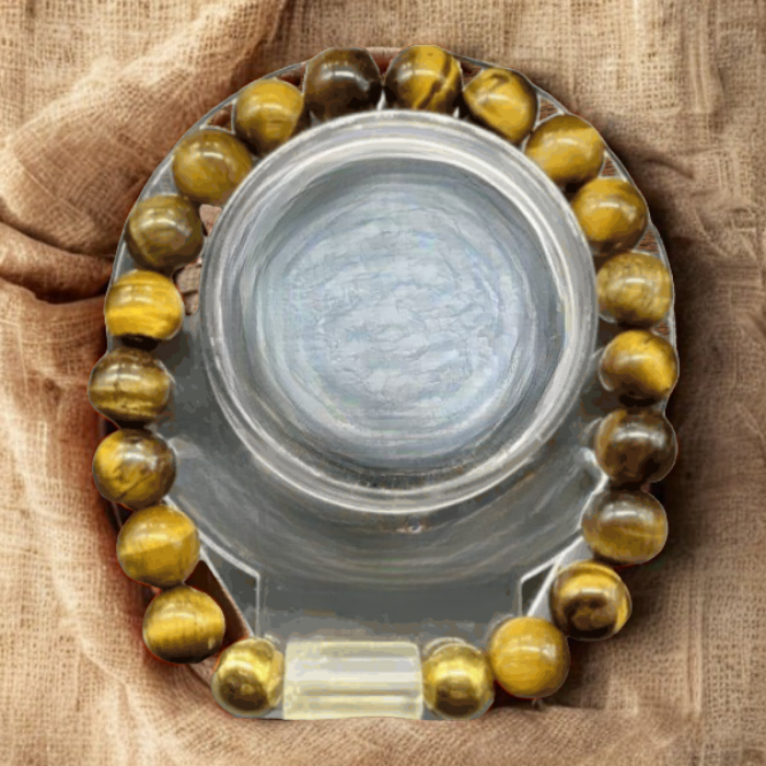Boss Bracelet Genuine Tiger Eye and Citrine with polished round beads on fabric background