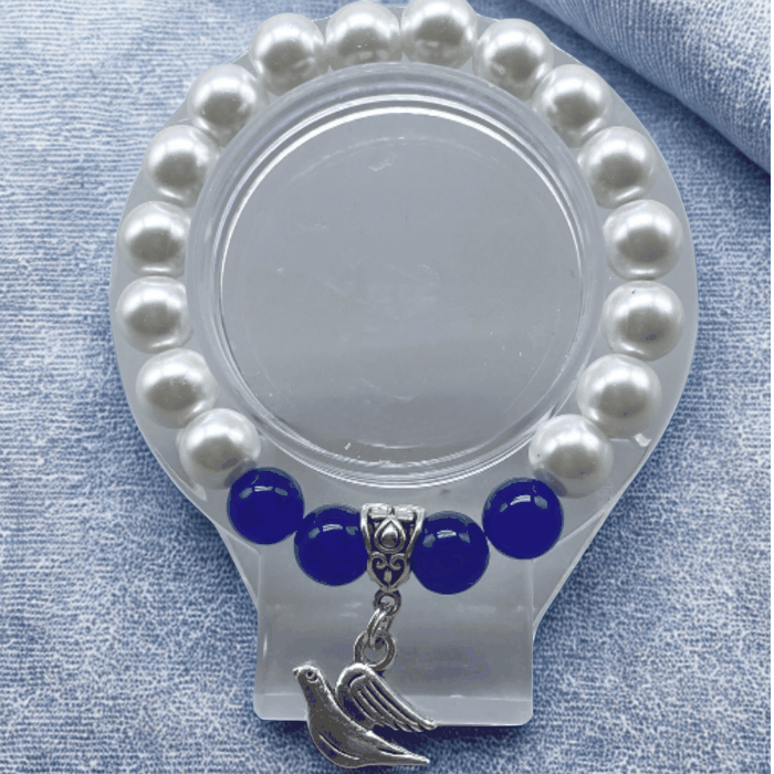 Dove Necklace Bracelet Set in Jade and White Pearls featuring silver dove charm and blue jade beads