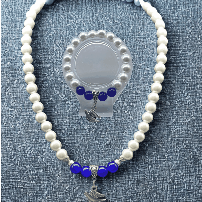 Dove Necklace Bracelet Set in Jade and White Pearls by Peace N Beads with silver dove charms