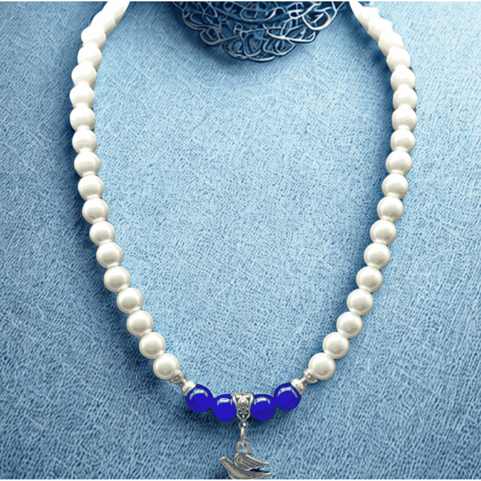Dove Necklace Bracelet Set in Jade and White Pearls featuring white pearls with blue jade beads and a dove pendant