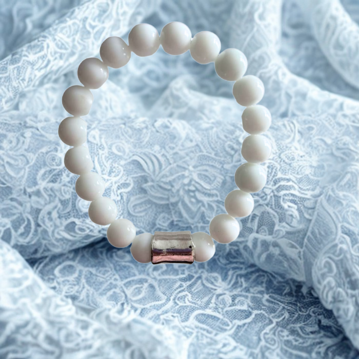 Elegant White and Blue Jade Gemstone Bracelet Set on a delicate lace background