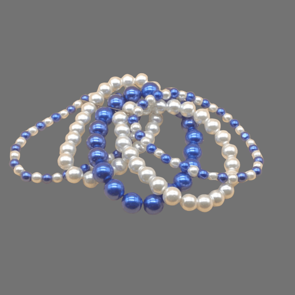 5 strand royal blue and white pearl bracelet with mixed pearl sizes.