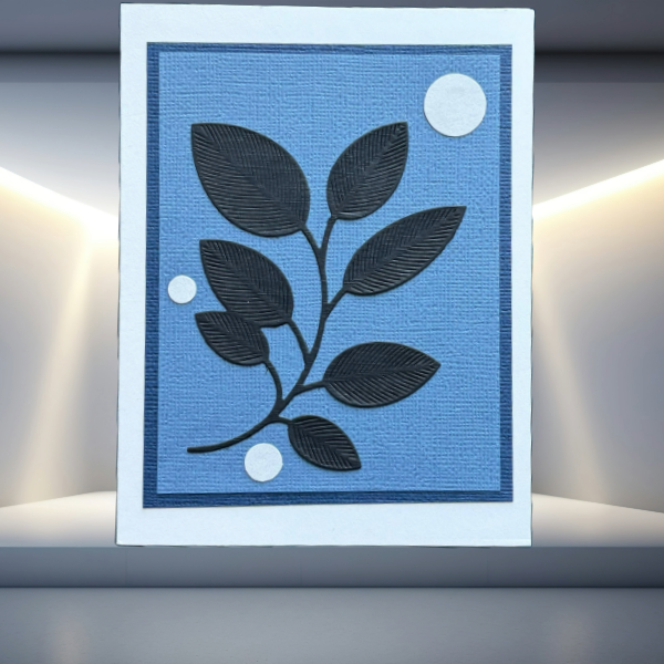 Foliage Fantasia Nature-Inspired Creations note card with black leaf design on textured blue background