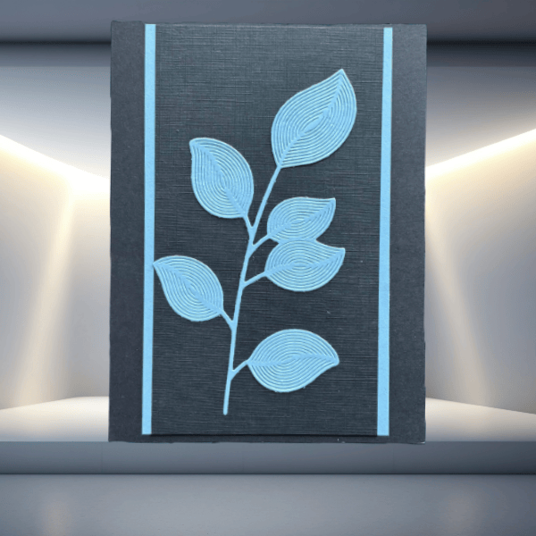 Peace N Beads Design note card with blue leaf design on black background featuring Foliage Fantasia Nature-Inspired Creations