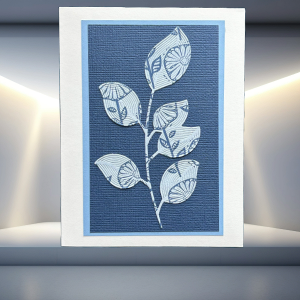 Peace N Beads Design note card with blue background and white botanical leaves pattern Foliage Fantasia Nature-Inspired Creations