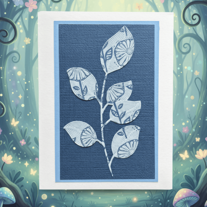 Foliage Fantasia: Nature-Inspired Creations note card with a botanical design on a textured blue background