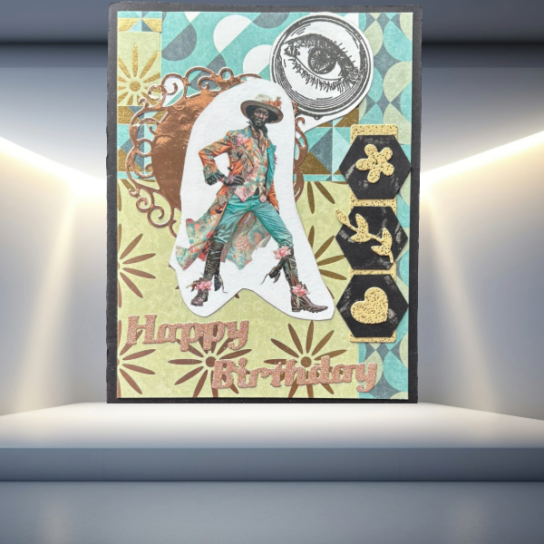 Funky Florals Vintage Note Cards featuring colorful retro design with dancing figure and birthday greeting