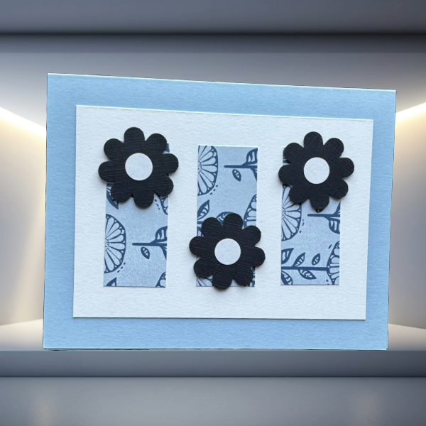 Peace N Beads Design note cards featuring Garden Whispers Ladybugs and Blooms black flower accents on blue and white background