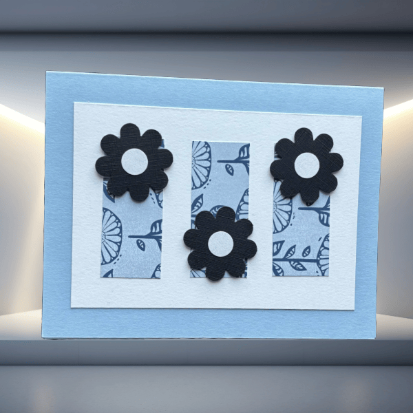 Peace N Beads Design note cards featuring Garden Whispers Ladybugs and Blooms black flower accents on blue and white background