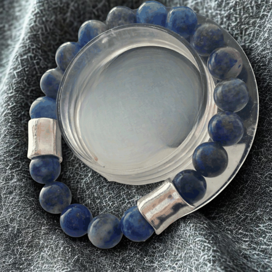 Peace N Beads Genuine Lapis Lazuli Gemstone Bracelet with round blue beads and silver accents