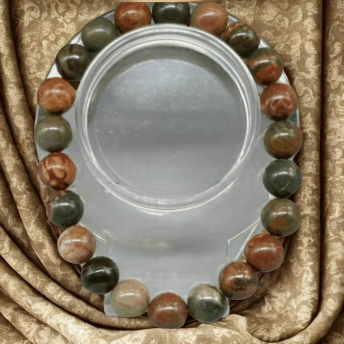 Peace N Beads Handcrafted Genuine Picasso Jasper Bracelet with polished multicolor round beads on display