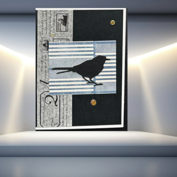 Ink Winged Whispers Thinking of You Note Cards by Peace N Beads Design featuring black bird silhouette on vintage striped background