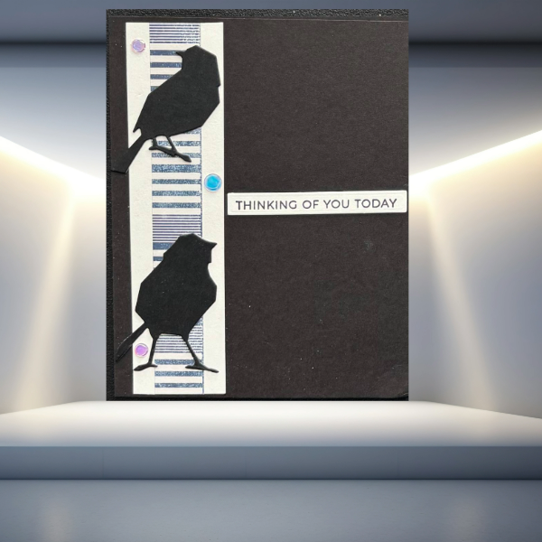 Peace N Beads Design Ink Winged Whispers Thinking of You Note Cards with bird silhouettes on black background