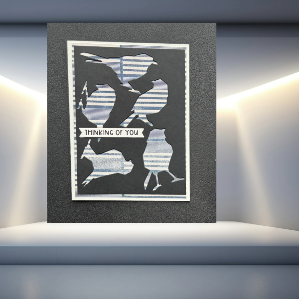 Peace N Beads Design Ink Winged Whispers Thinking of You Note Cards with bird silhouette cutouts and striped blue background