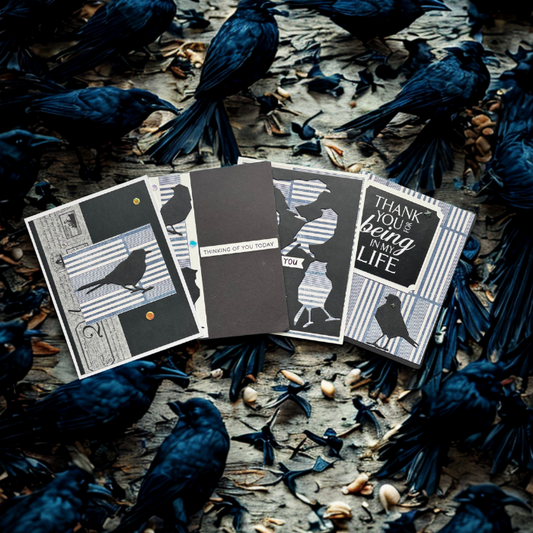 Ink Winged Whispers Thinking of You Note Cards by Peace N Beads Design featuring black bird silhouettes on striped and patterned backgrounds
