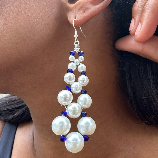 Peace N Beads elegant pearl and blue bead drop earrings worn on ear with silver hooks