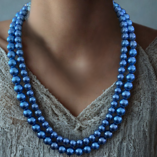 2 Strand Blue Pearl Necklace by Peace N Beads worn on neck with textured beige top
