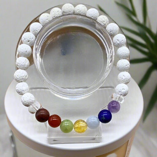 7 Bead White Lava Rock Chakra Bracelet by Peace N Beads Design with colorful chakra stones on white lava beads