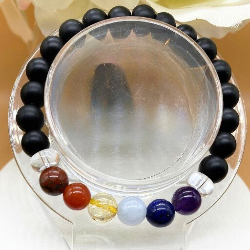 7 Beaded Matted Onyx Chakra Bracelet with black onyx and colorful chakra stones from Peace N Beads Design