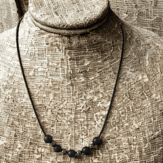 Peace N Beads Design Black Onyx and Hematite Gemstones Necklace displayed on a textured beige mannequin