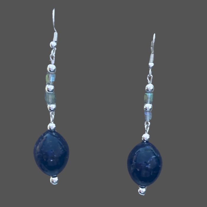 Peace N Beads Design Blue Glass Crystal Drop Earrings featuring dark blue oval beads and silver accents