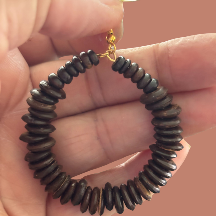 Boho Brown Wood Hoop Earrings handcrafted by Peace N Beads Design featuring natural wooden discs