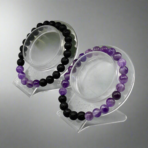 Crown Chakra Bracelets by Peace N Beads Design featuring black lava and purple amethyst beads