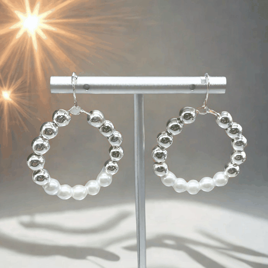 Peace N Beads Dainty White and Silver Hoop Earrings with mixed round silver beads and white pearls