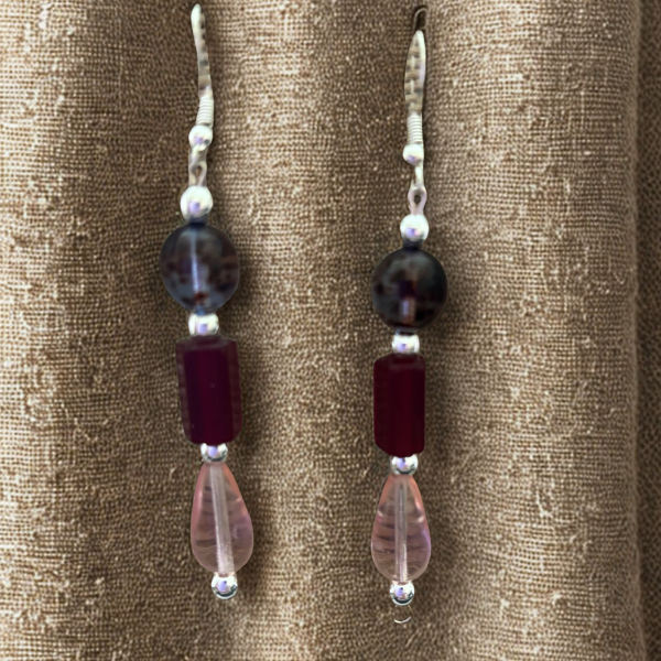 Peace N Beads Design long dangle earrings with dark round bead maroon rectangular bead and pink teardrop glass