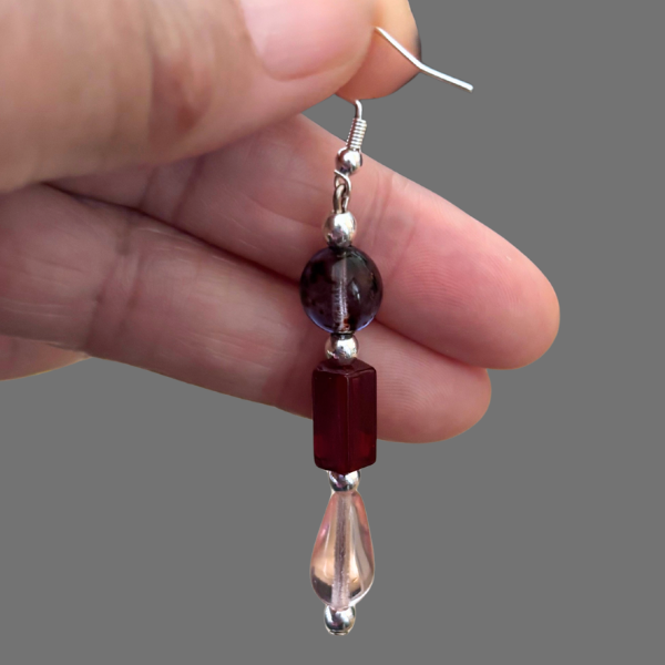 Peace N Beads Design dangle earrings purple round bead red rectangular bead pink teardrop silver accents